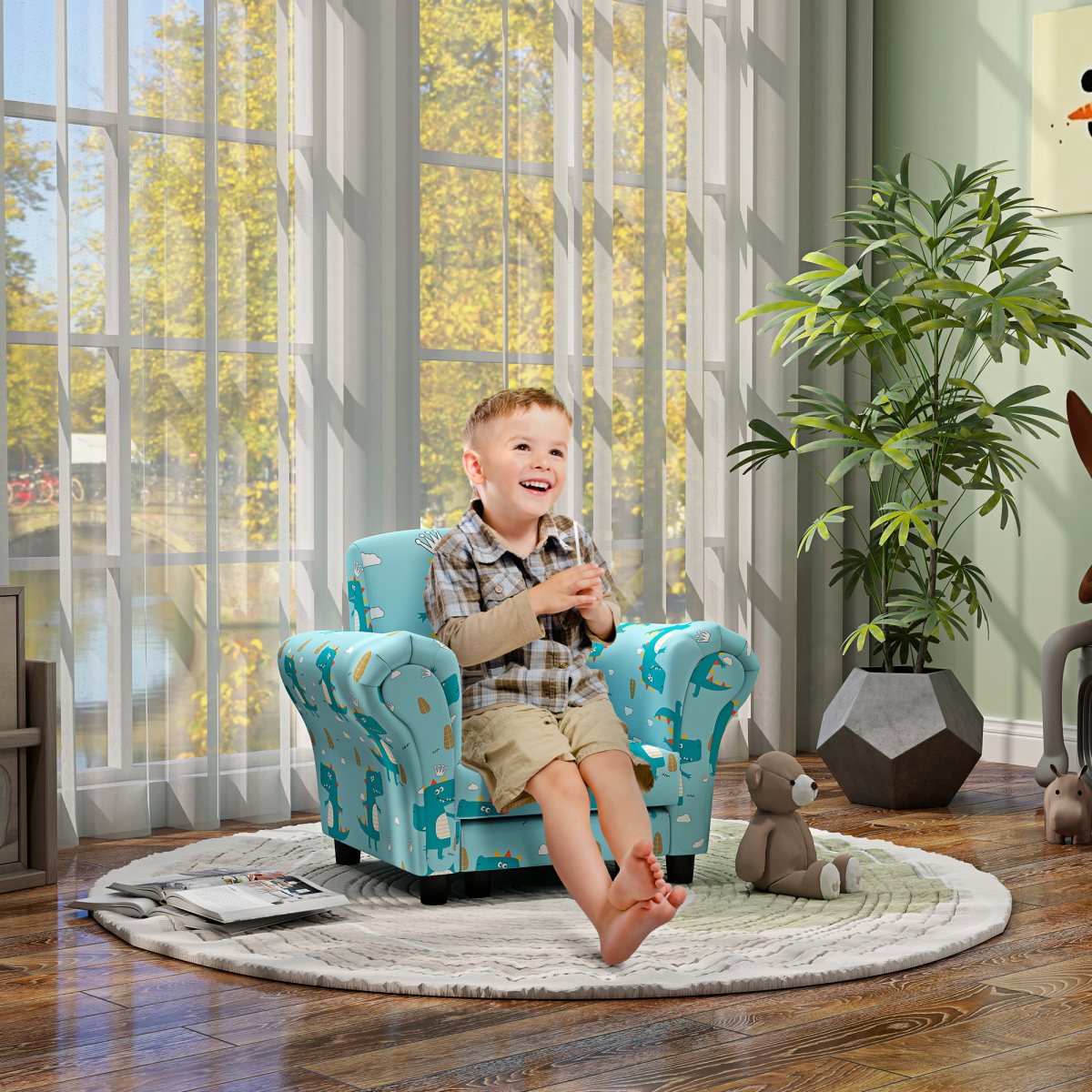 Aiyaplay 2 Piece Kids Sofa Set With Dinosaur Design, For Nursery, Blue - Image 2