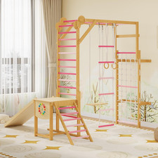 8-In-1 Indoor Jungle Gym for Kids Ages 3-10, Wooden Climbing Structure with Slid