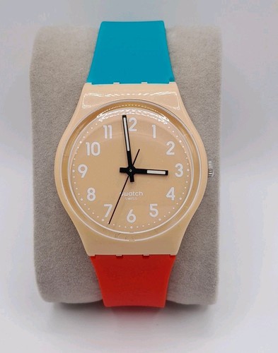 2009 Beige Swatch Watch Moccasin GT104 34mm On New Blue And Red Strap - Picture 1 of 10