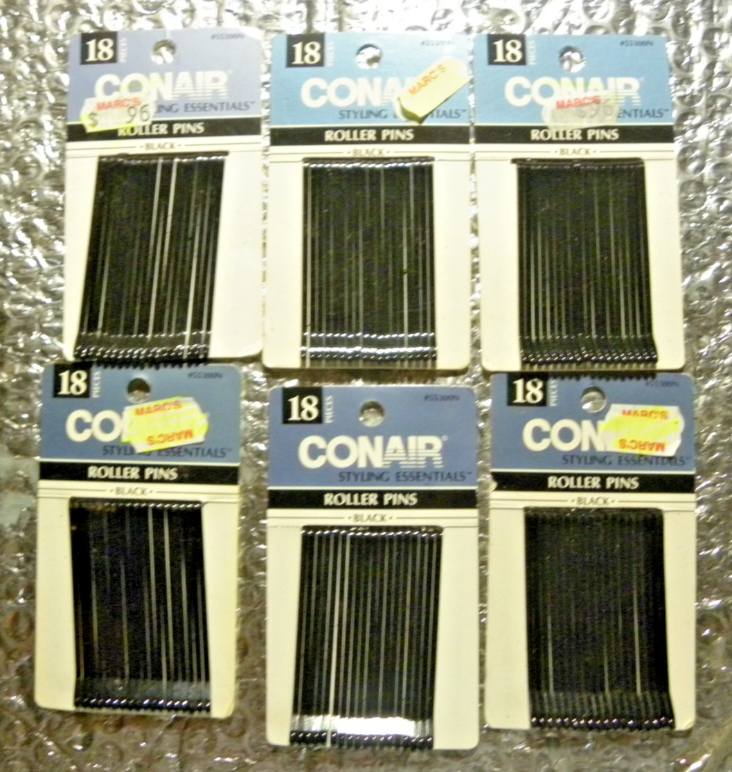 6 Packs of 18 Vintage  Conair Roller Pins, Black, In original Packages