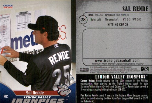 Sal Rende 2015 Choice Lehigh Valley IronPigs #28 RC *AutographDen* FREE ...