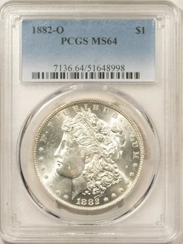 1882-O MORGAN DOLLAR, PCGS MS-64, LUSTROUS WHITE, OBV CONTACT MARKS, WELL STRUCK