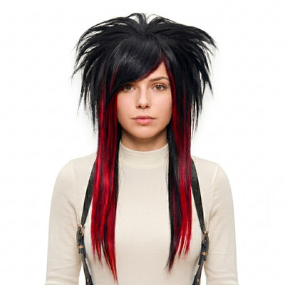 Schwarz Rot Emo Szene Perücke lang geschichtet mit seitlichem Pony Goth Punk Cosplay
