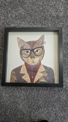 Alex Zeng Funky Cat 2 Hand Made Dimensional Framed Art Collage 17''X17''X1.25''