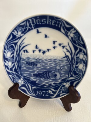 Vintage EASTER Plate 1972 Blue White Ducks Pond Norway Porsgrunds First Issue