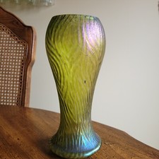 Vtg Art Nouveau Kralik Glass Martele Iridescent Oil Spot 10.5" Vase / Read