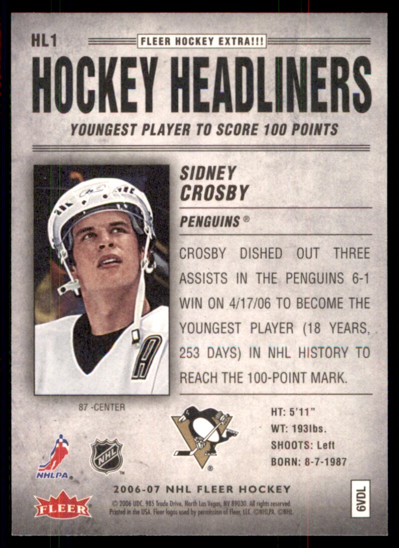 2006-07 Fleer Hockey Headliners Sidney Crosby Pittsburgh Penguins