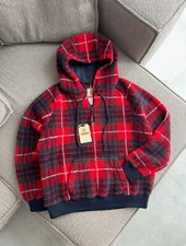 NWT! Authentic Men's BARACUTA Curly Fleece Hoodie Tartan Red RARE Size L