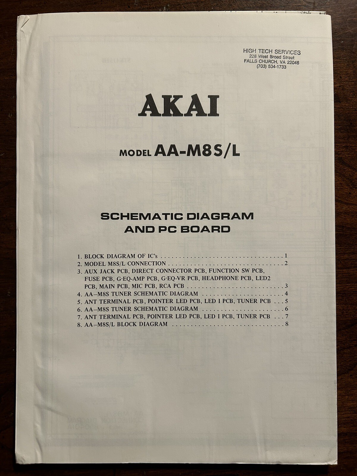 Akai Model AA-M8S /L Stereo Receiver Schematic Diagram PC Board Manual Genuine