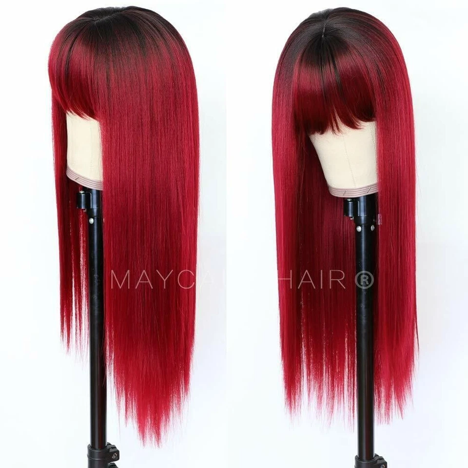 Long Ombre Red Synthetic Hair Wigs Full Bangs Heat Resistant Cosplay Party Wig - Image 4 of 4