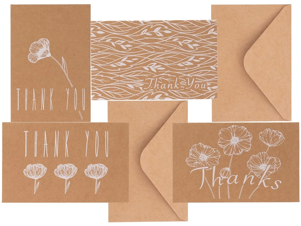 Paquete de 20 tarjetas de agradecimiento 4x6 papel artesanal marrón 4 diseños de surtido en blanco Tha... Foto 2 de 4