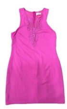Anthropologie Everly Sz Medium Dress Bright Pink Shift Sheath Embroidered Barbie