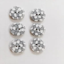 Set of 6 Gray and White Checkered Plastic Oval Two-Hole Flat Buttons 7/8"