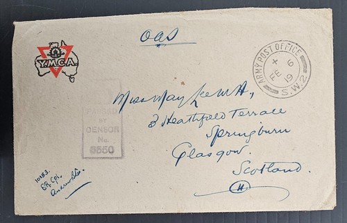 1919 Australia Censor YMCA Cover cd Army Post Office-Glasgow - Picture 2 of 3