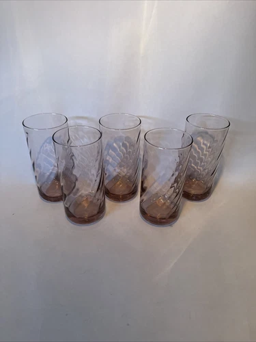 5 Vintage Anchor Hocking Swirl Pattern Pink Depression Glass 6-1/4" Tumblers HTF