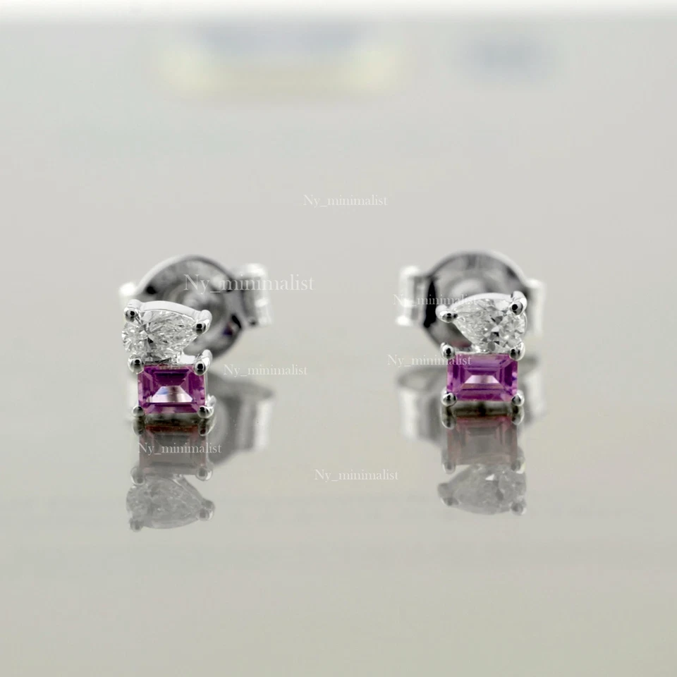 Natural Baguette Pink Sapphire Pear Diamond Solid 14K White Gold Stud Earrings - Image 2 of 4