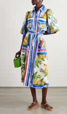 FARM RIO Tropical Destination belted printed linen-blend midi shirt dress Size L