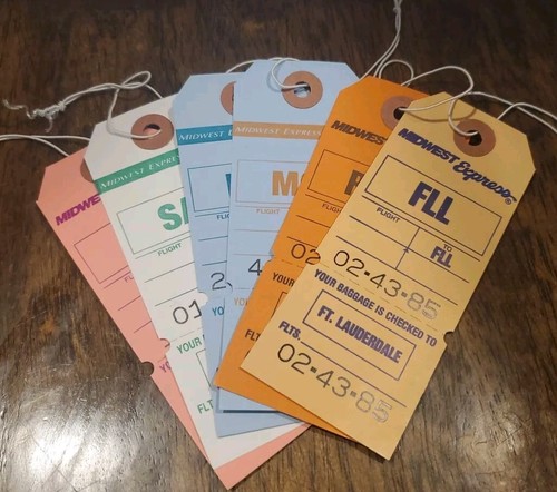 Vintage Midwest Express Airlines Unused Checked Bag Tags 6 Different Airport Set - Picture 20 of 20