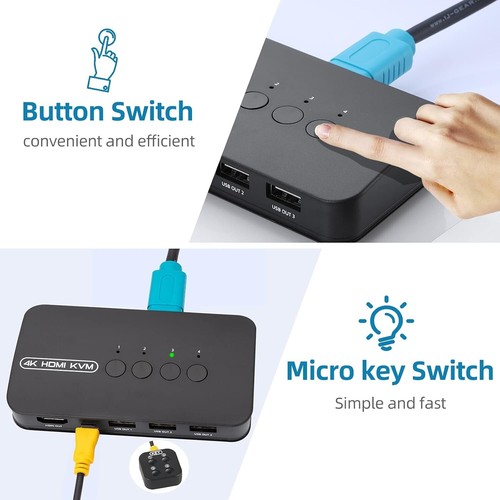 4K HDMI KVM Switch 4 Port HDMI USB Switch for 4 Computer Share a 4K@30Hz Monitor - Picture 5 of 6