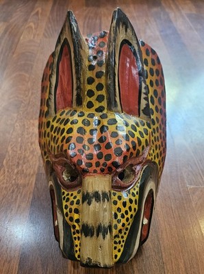 Vintage South American Folk Art Carved Wood Jaguar Tigre Mask Spotted Cat Rustic