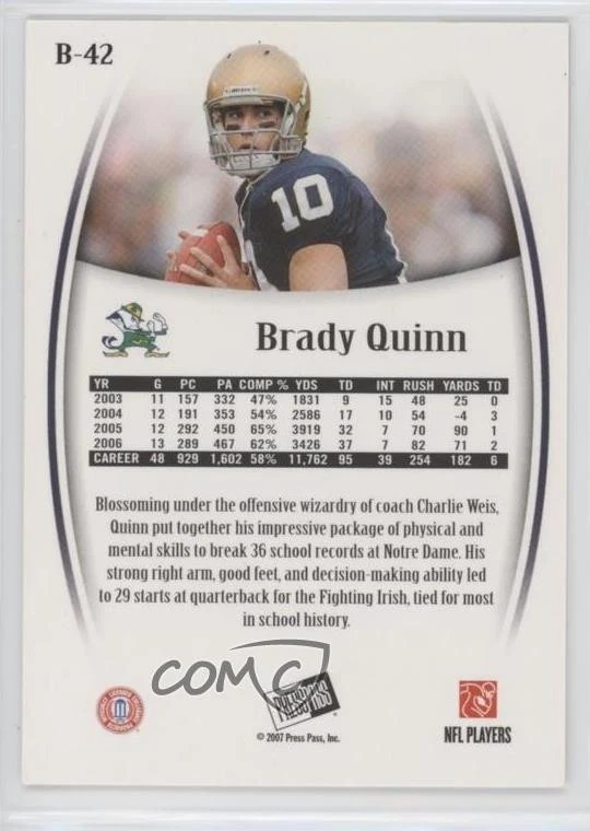 2007 Press Pass Legends Bronze /999 Brady Quinn #B-42 Rookie RC - Image 2 of 2
