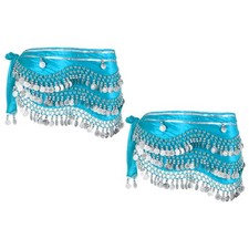 2 Pcs Belly Dance Hip Scarf 59x11" with 248 Silver Coin, Light Blue