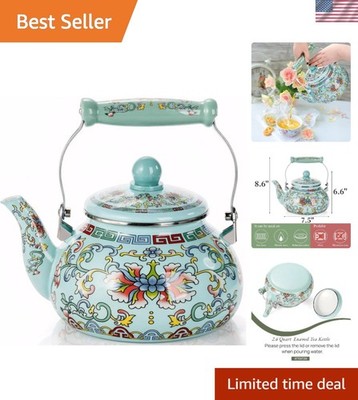 Enamel Tea Kettle Floral Enamel on Steel Vintage Elegant Green 2.6 Qt