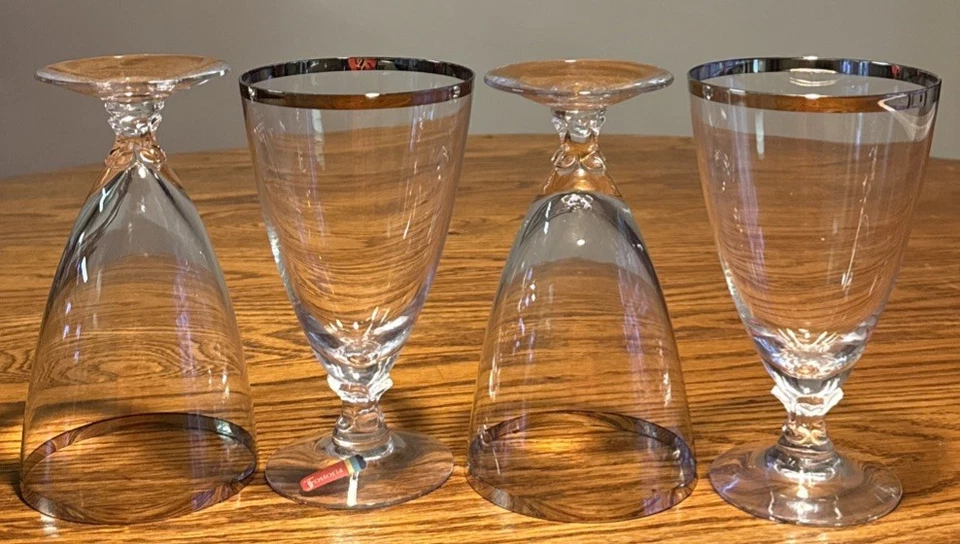 Fostoria 婚礼戒指 手工吹制 两个水晶 高脚杯 银色 铂金 边缘 复古 — 第 2/4 张图片