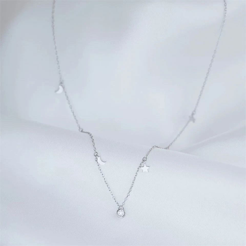 Argento Sterling Mini Stella Crescent Luna Lunetta Solitario Ciondolo Goccia - Immagine 3 di 4