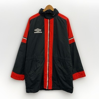Vintage 90s UMBRO Soccer Full Zip Parka Puffer Jacket Patchwork Red Black Large