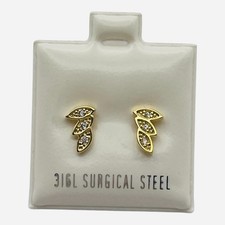 14K Gold Plated 316L Surgical Steel Leaf Stud Earrings 3 CZ 6x4mm Hypoallergenic
