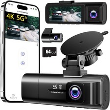 3 Channel 4K Dash Cam Front Inside and Rear, 5GHz WiFi, Car Camera Built-in 64GB