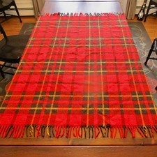 Vintage wool tartan plaid throw blanket fringe red black yellow 52" x 51" cabin