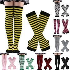 Women's Striped Long Arm Warmer Fingerless Gloves Mittens Knee High Socks Set