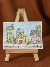 Whimsical Neighborhood – Original ACEO Art Card Ink & Watercolor