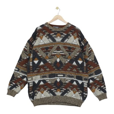 Vintage 80er Pullover Herren Größe 48 Mehrfarbig Geometrisch Opa Wollmischung