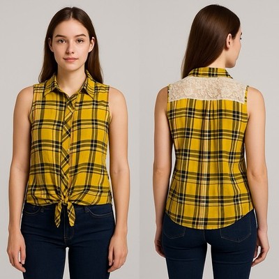 Talbots Women's Button-Up Blouse, Size 19 Yellow Gingham Plaid, Sleeveless