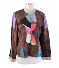Chicos Brown Distressed Tie Dye Floral Patchwork Kimono Jacket Chicos Size 1