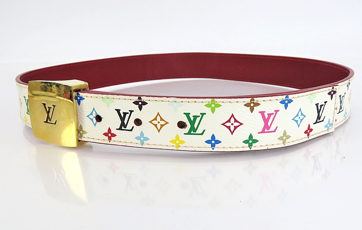 バックル Auth LOUIS VUITTON Ceinture White Multicolor Canvas Red Leather