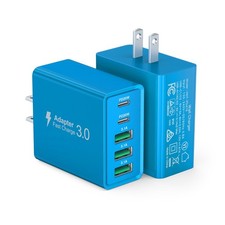 2-Pack 60W USB-C 5-Port Charger Blue 2xUSB-C 3xUSB-A PD Fast Charging