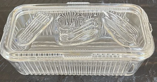 Vtg Federal Glass Refrigerator Dish 8.5” Clear Ribbed Vegetable Fridgie Lid