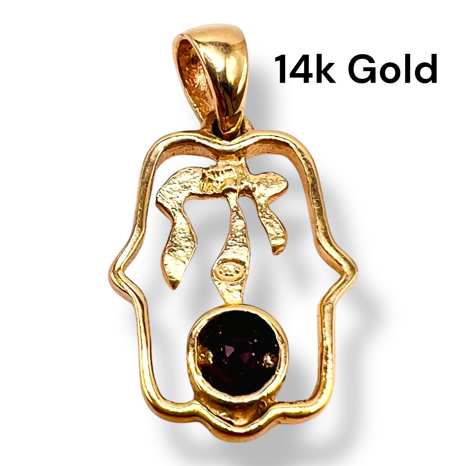 Solid 14k Yellow Gold Ruby Hamsa Chai  Pendant Ch… - image 7