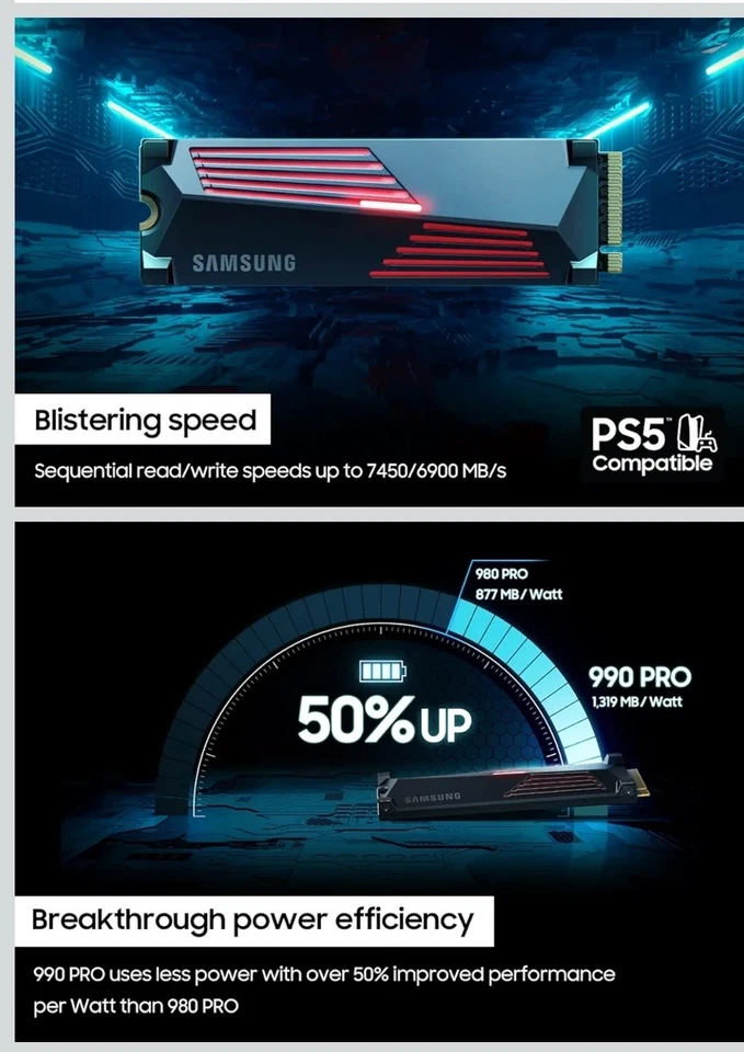 SAMSUNG 990 PRO W/ Heatsink SSD 2TB PCIe Gen4 M.2 2280 Solid - Image 3 of 4