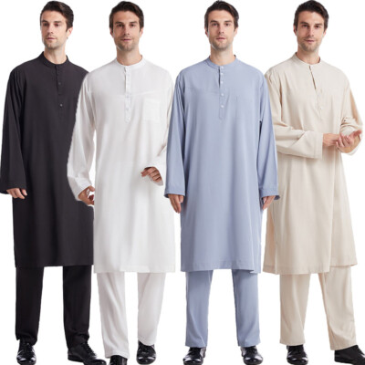2pcs Men Saudi Jubba Thobe Kaftan Dubai Arab Islamic Muslim Robe Long Pants Sets