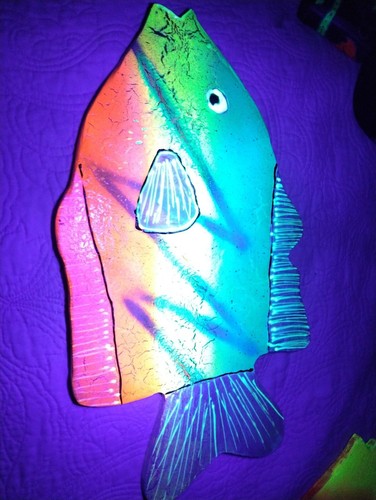 Fish Hanging Wooden Wall Plaque With Glow In Dark Paint Ready 2 Hang 19"x11" e - Picture 8 of 8