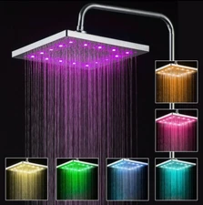 8" Square LED Rainfall Shower Head LED 7 Color Changing Thin Top Sprayer US