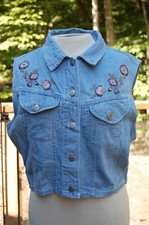 Vtg Denim Cropped Vest L 90s Y2K Western Embroidered Flowers Boho Floral Cowgirl
