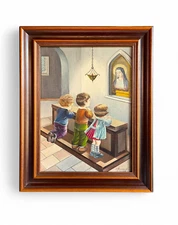Praying Children in the Chapel, Naïve Art, Vintage Painting, Religious Artwork