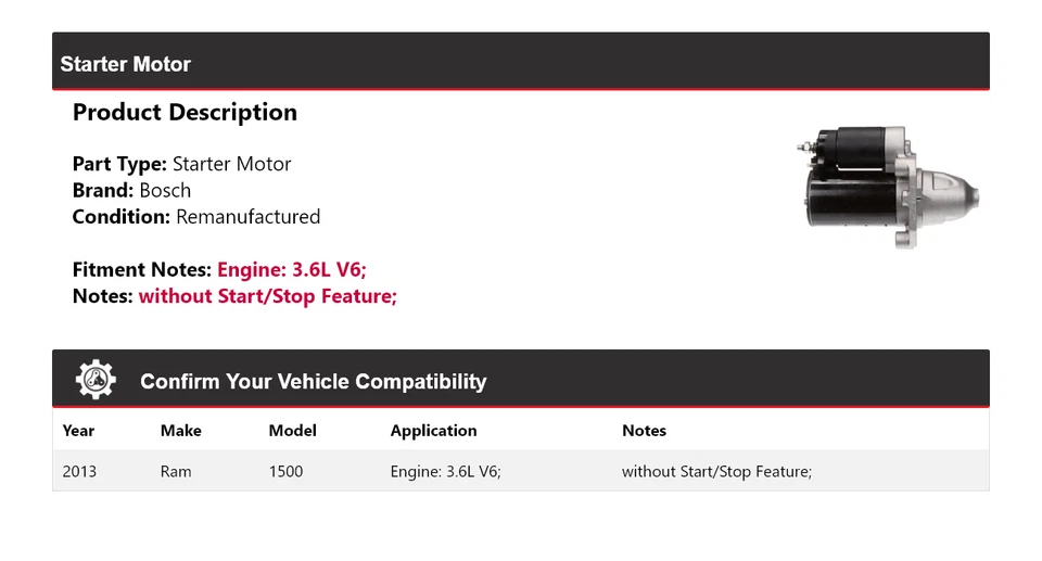 Ram 1500 2013 3,6 L V6 arranque Bosch (remanufacturado) Foto 2 de 4