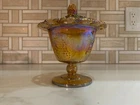 1960s Indiana Glass Candy Dish Amber Carnival Iridescent Harvest Grape Lace
